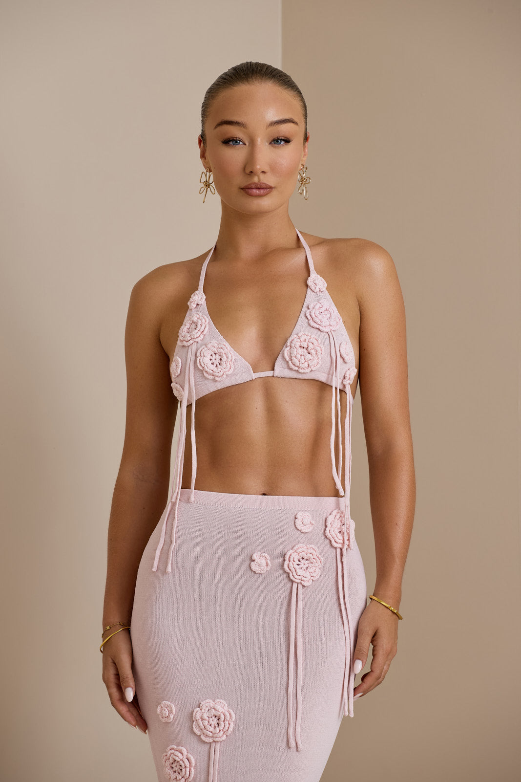 PEONY KNIT FLORAL BRA TOP | BABY PINK