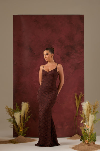 LEAH LACE MAXI DRESS | CHOCOLATE