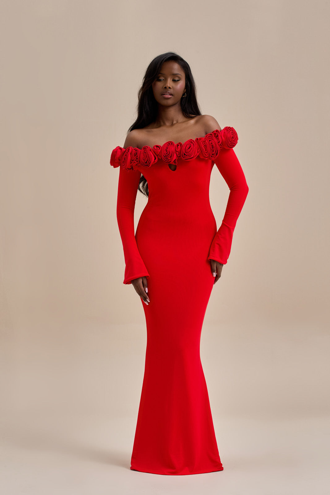 AINSLEIGH BARDOT ROSE MAXI DRESS | RED