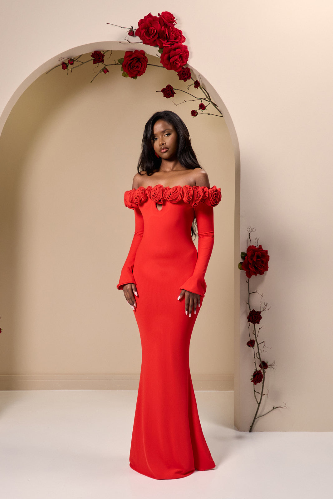 AINSLEIGH BARDOT ROSE MAXI DRESS | RED